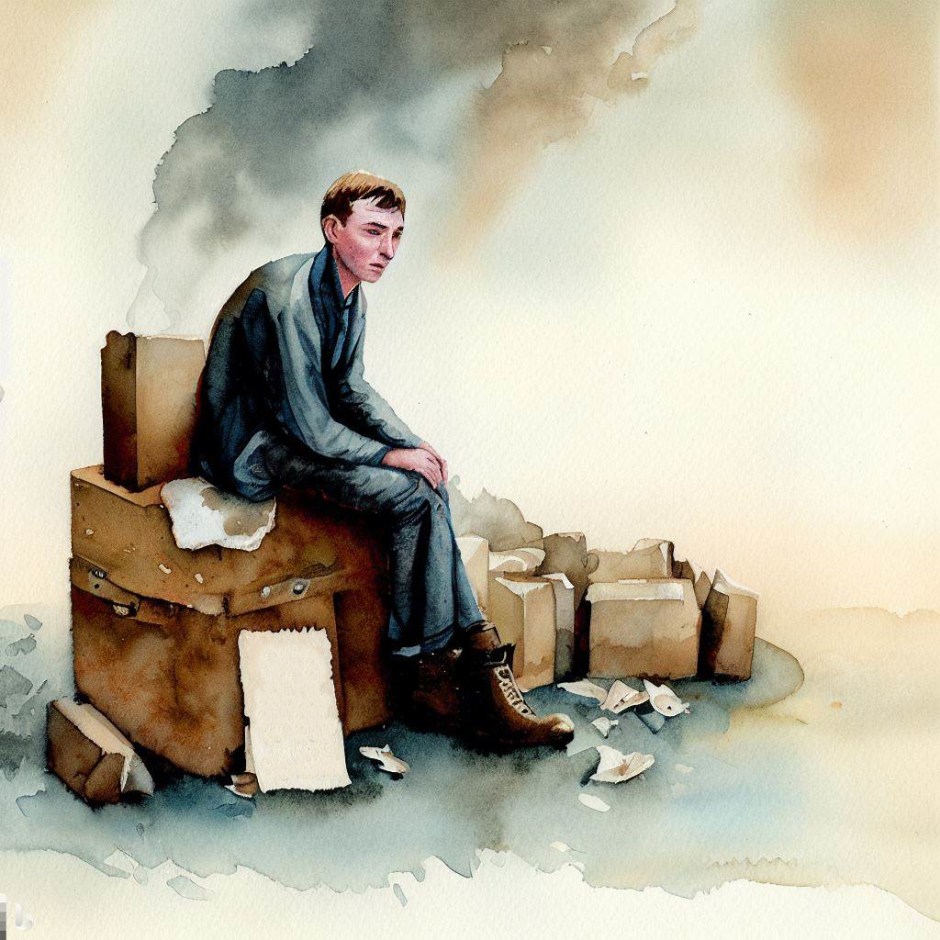 watercolour of a devastated man sitting on a pile of cardboard boxes