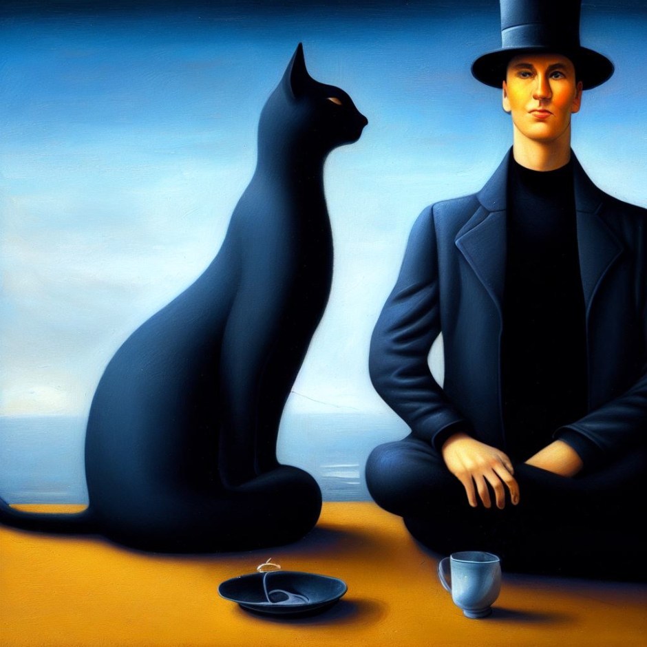 A large black cat stares at a man in a suit and top hat practising yoga - oil painting in the style of René Magritte