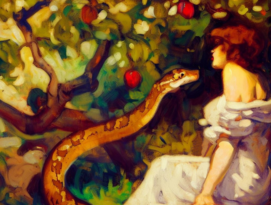 an oil painting showing the temptation of Eve in the Garden of Eden