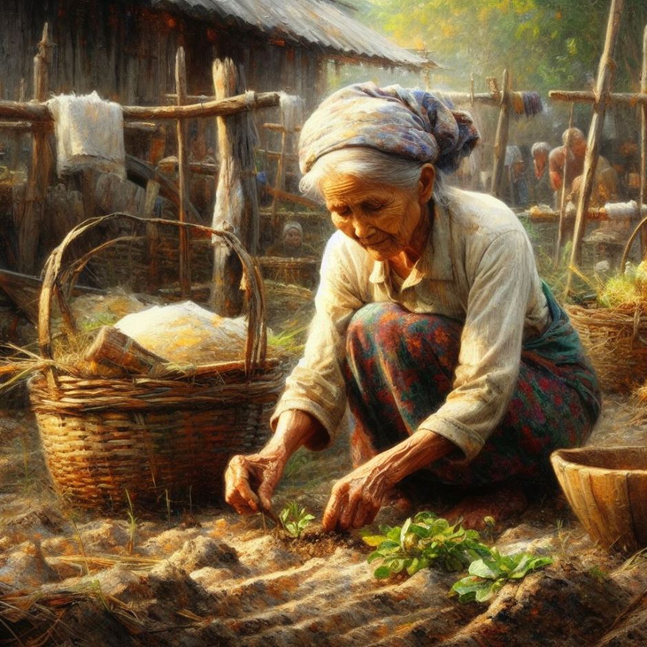 an oil painting showing an old woman working on a farm