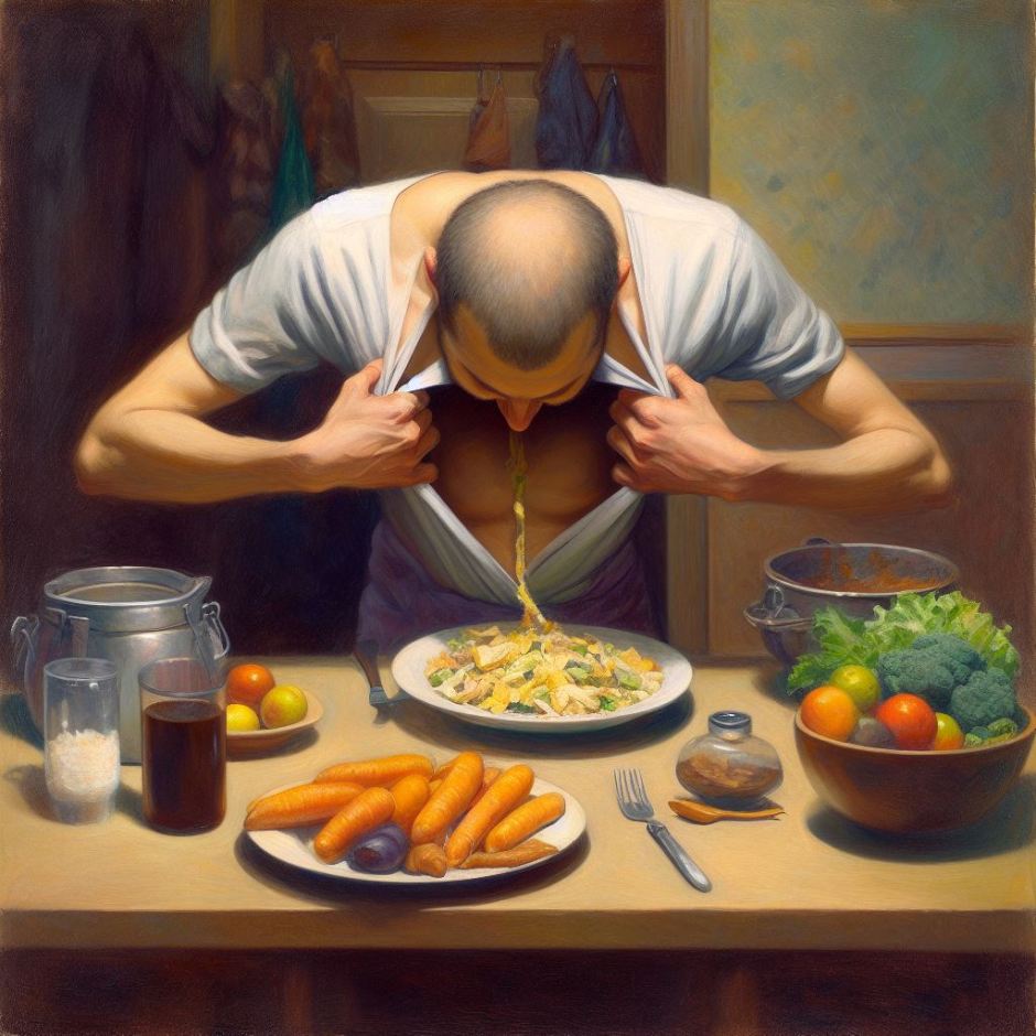 surreal oil painting of a man having a meal