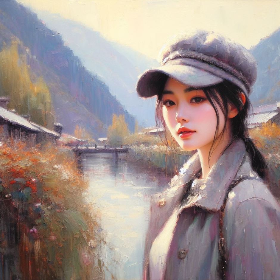 portrait of a beautiful young Chinese woman against the background of a river in a mountain landscape