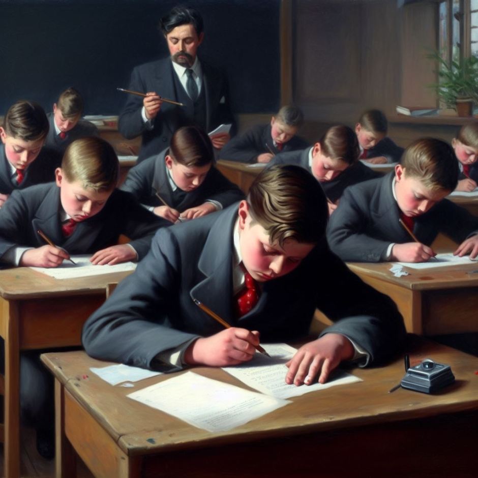 an oil painting showing a class in a boys' school during an exam