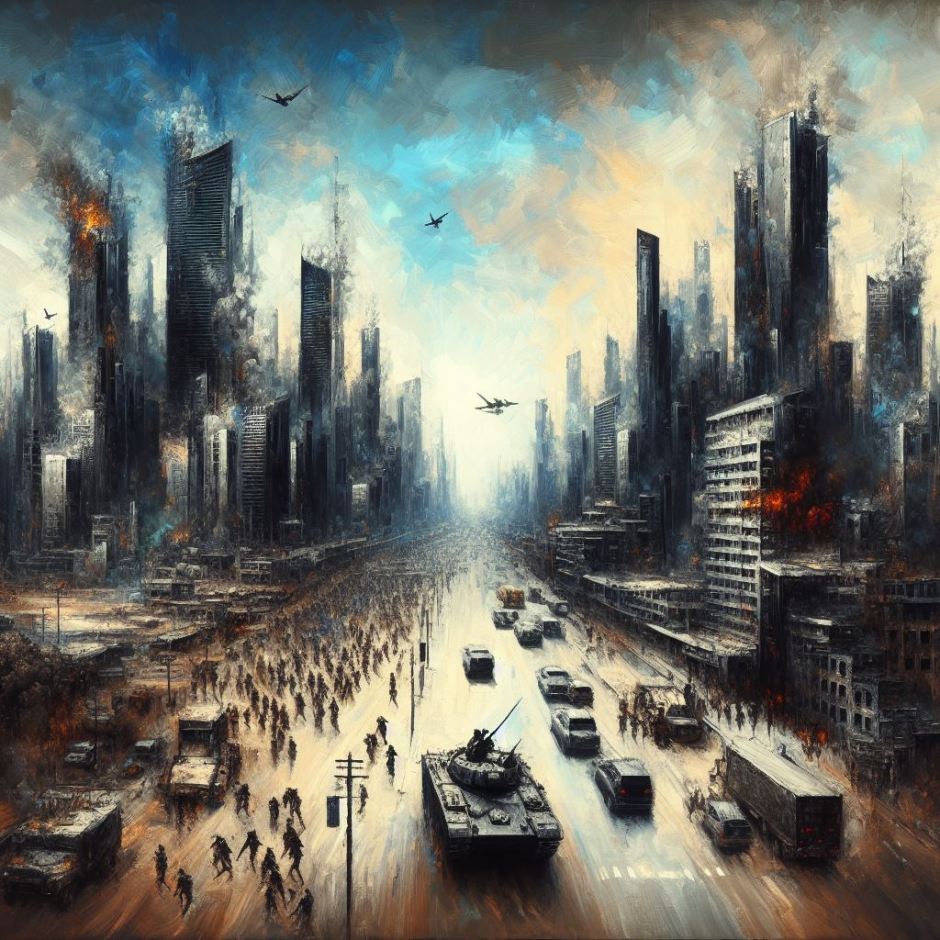 an oil painting showing a battle in the city