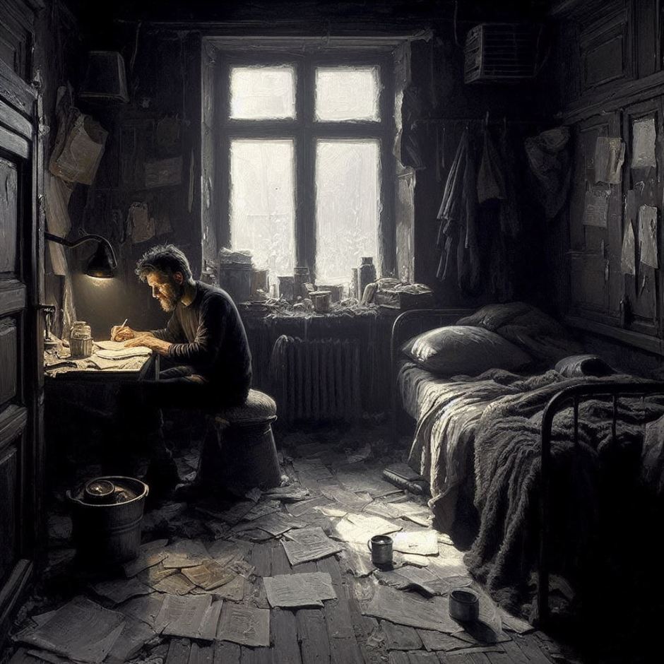 oil painting showing a man working at a desk in his bedroom.