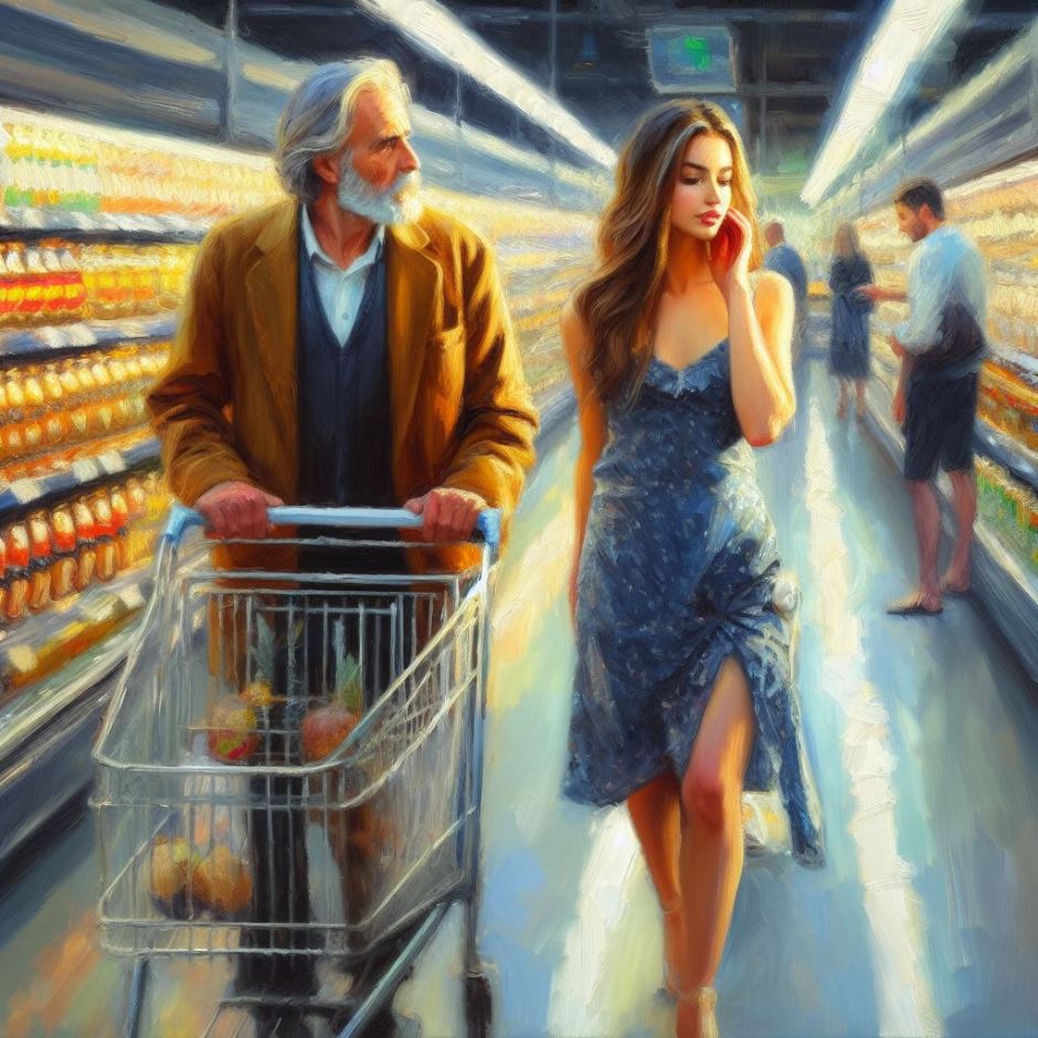 oil painting showing a young beautiful woman passing a middle-aged man with a shopping cart in a grocery aisle without paying attention to him