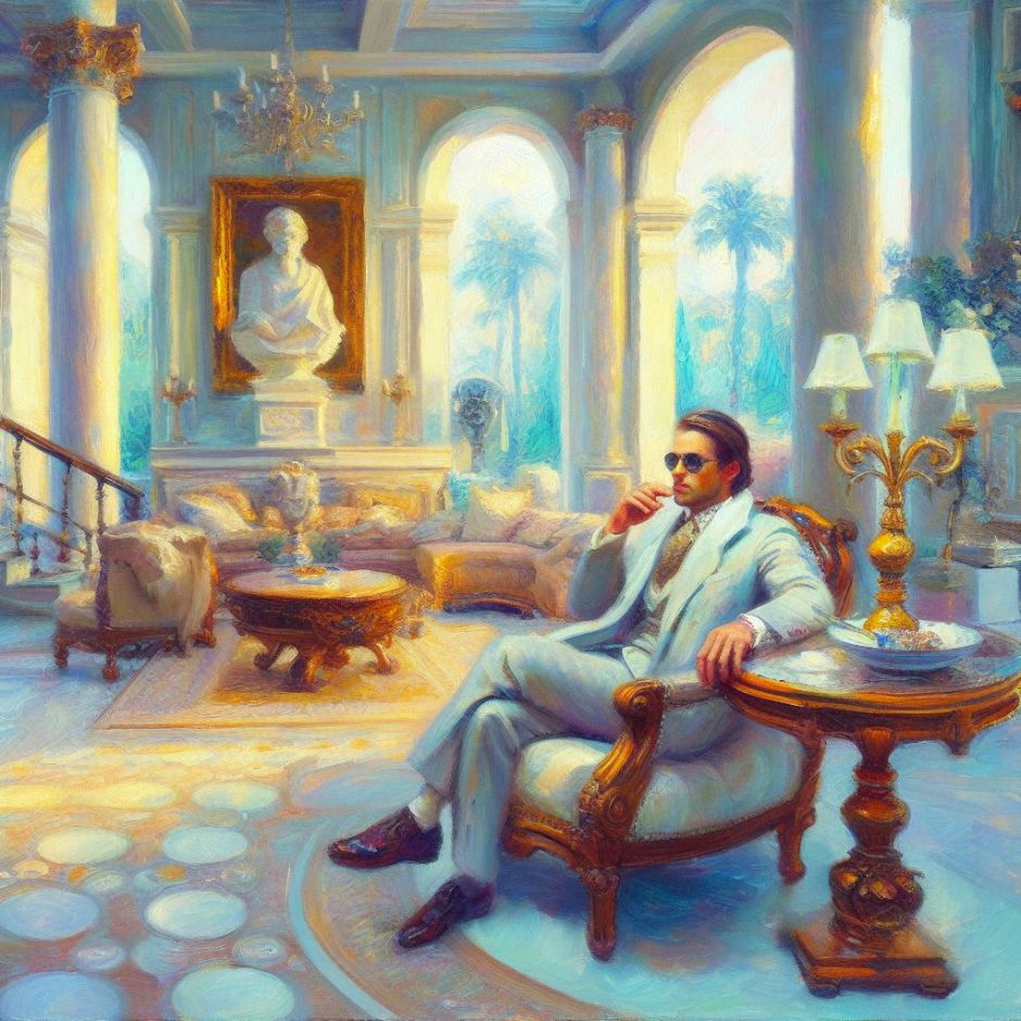 an oil painting showing a man in his luxurious villa dreaming of immortality
