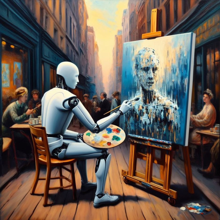 an oil painting showing a robot painting a picture