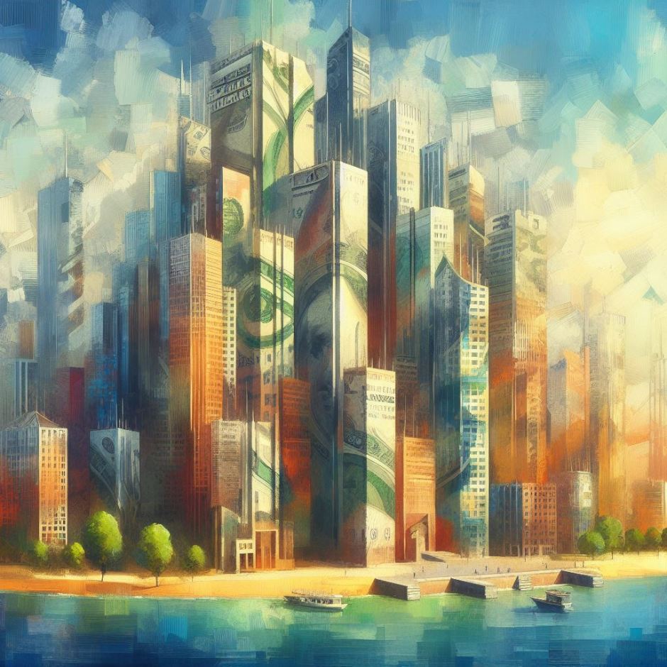 an oil painting showing office buildings made of money