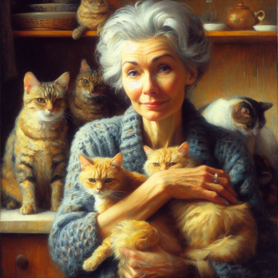 an oil painting showing an elderly woman living with many cats