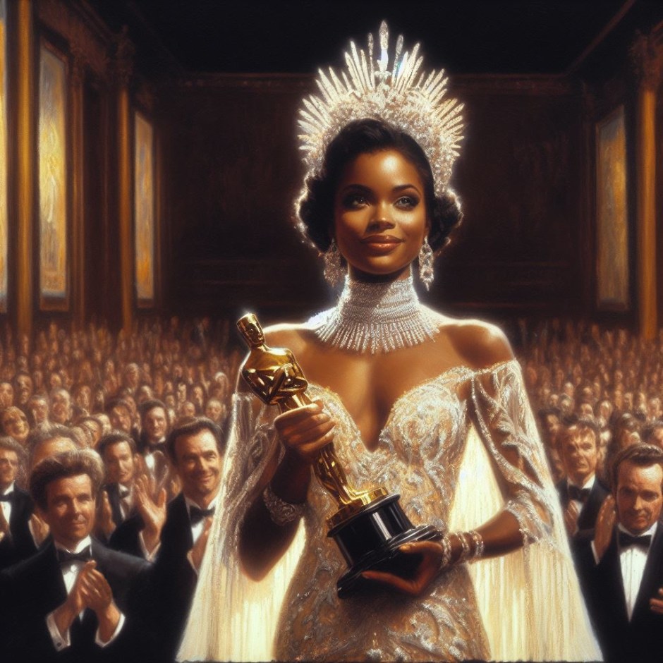 An oil painting showing an African-American actress with an Oscar at the Academy Awards