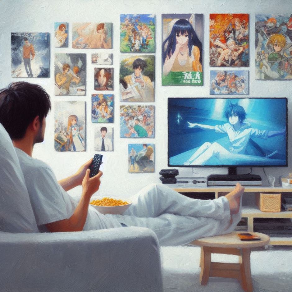 an oil painting showing a young man watching an anime series on TV