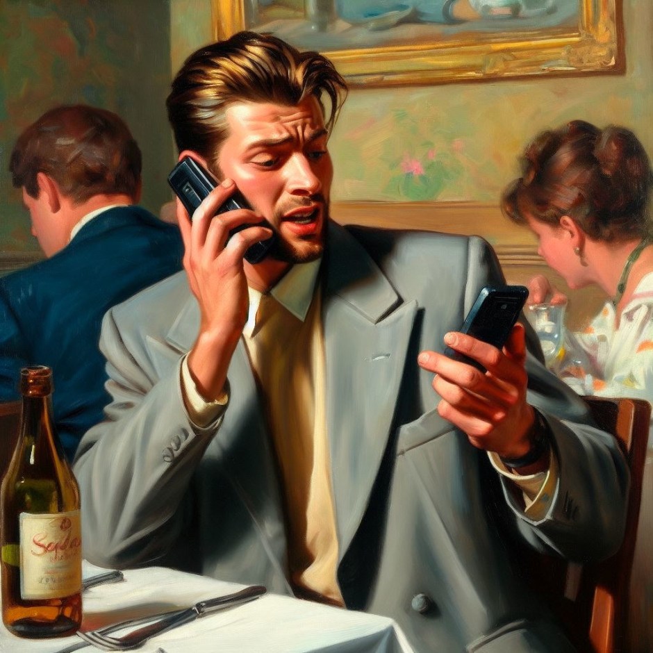oil painting showing a man in a restaurant in the 1990s talking on a mobile phone