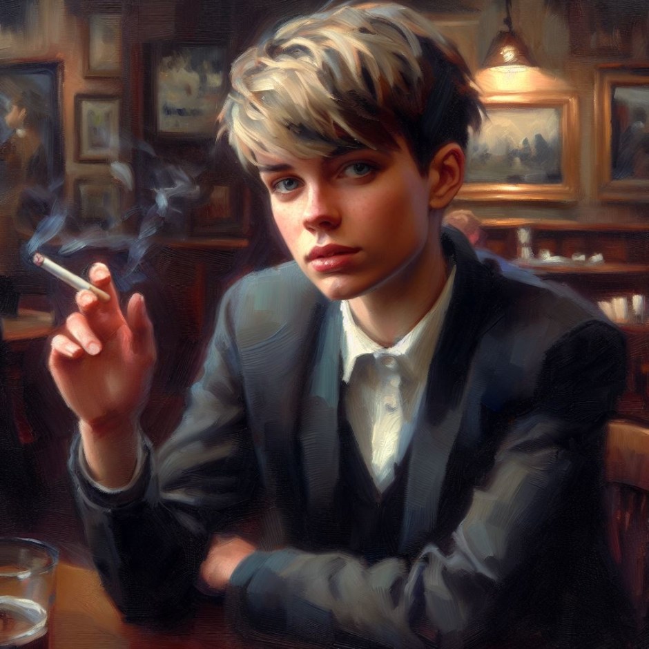 oil painting showing a short-haired young tomboy woman in a pub with a cigarette