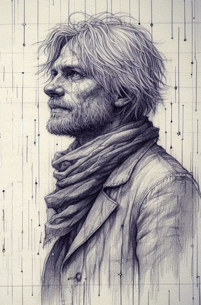 pencil sketch showing a profile portrait of a middle-aged man looking at the sky