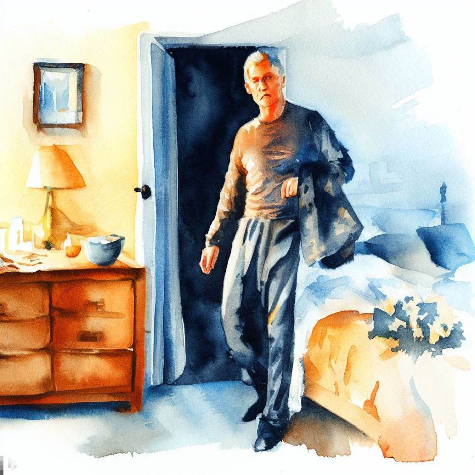 A watercolour painting showing a middle-aged man standing in his bedroom