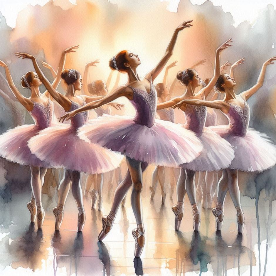 A watercolour picture showing a group of dancing ballerinas