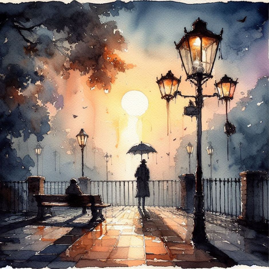 A watercolour painting showing a man with an umbrella on a promenade in the evening, standing away from a woman sitting on a bench.