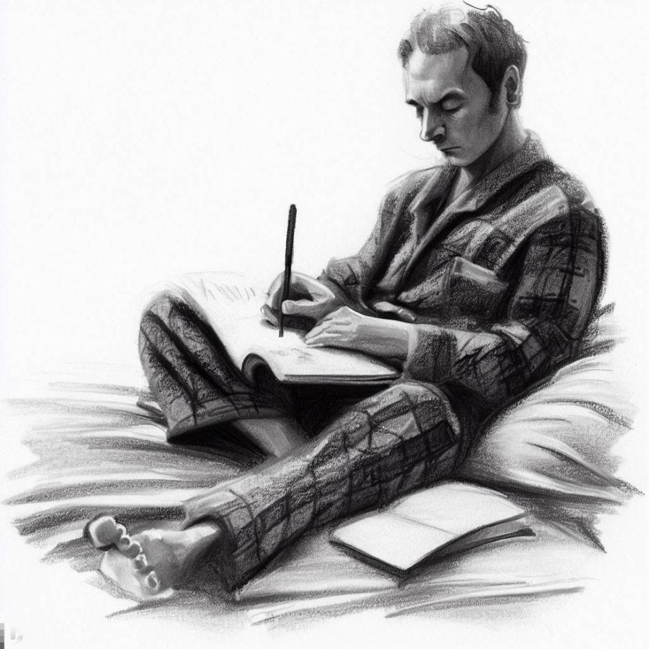 Pencil sketch showing a man in pyjamas writing in bed