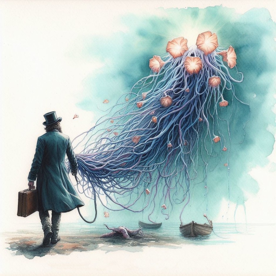 A surreal watercolor painting showing a man with a suitcase walking on the beach