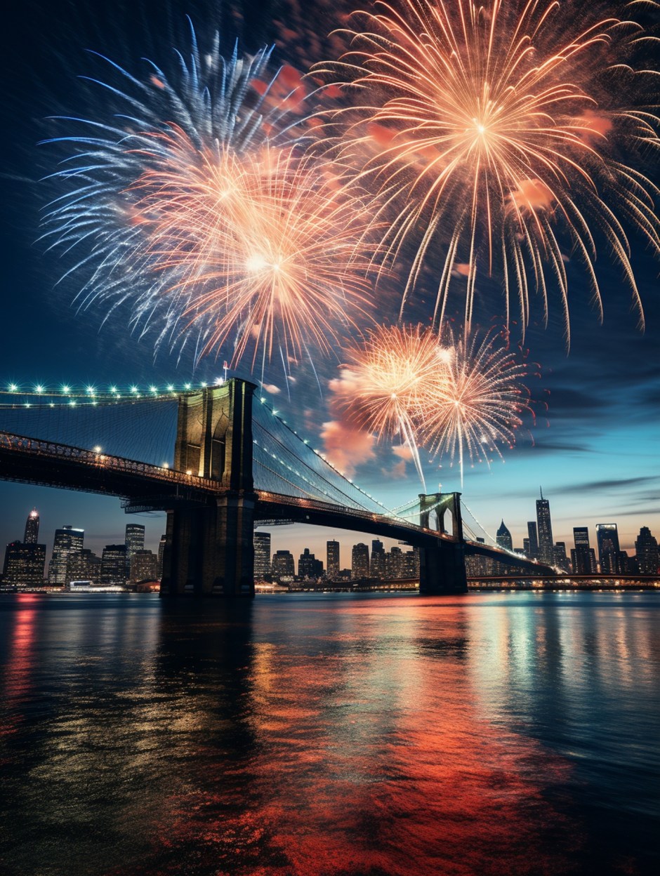 A photograph of the New York City skyline with the Brooklyn Bridge in the foreground during a fireworks display