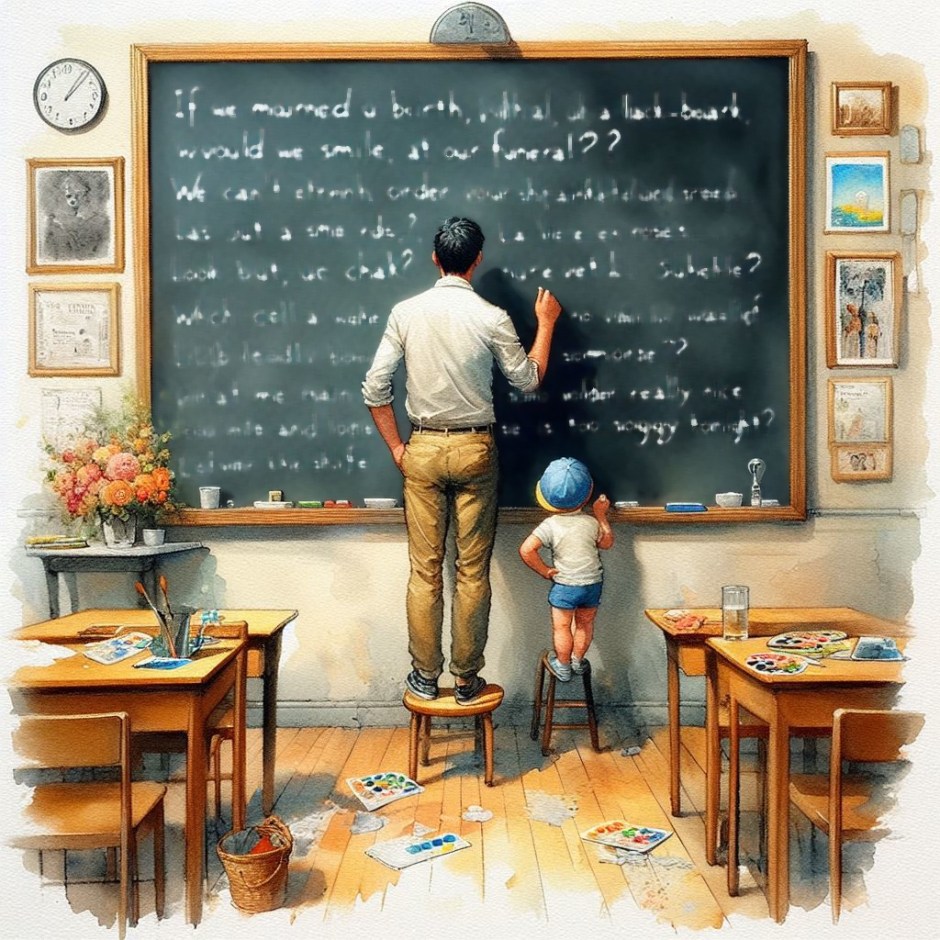 A watercolour picture showing a man and a child writing on a blackboard