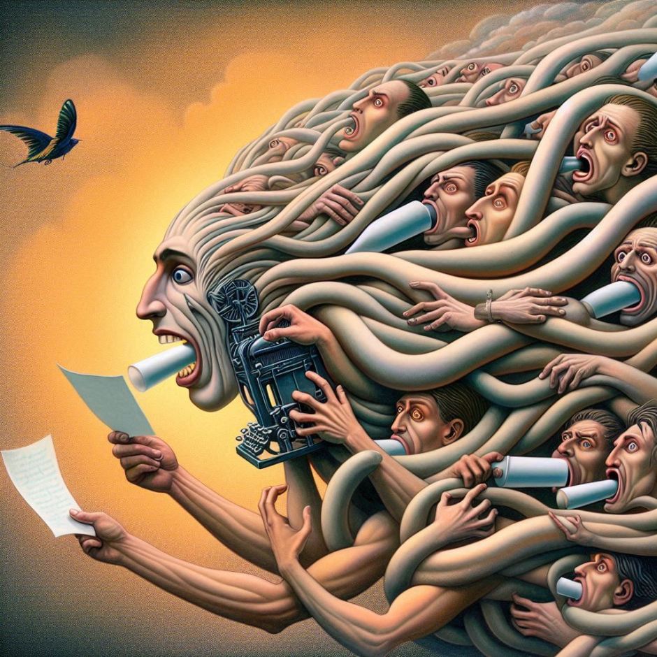 A surreal image showing a tangle of terrified bodies