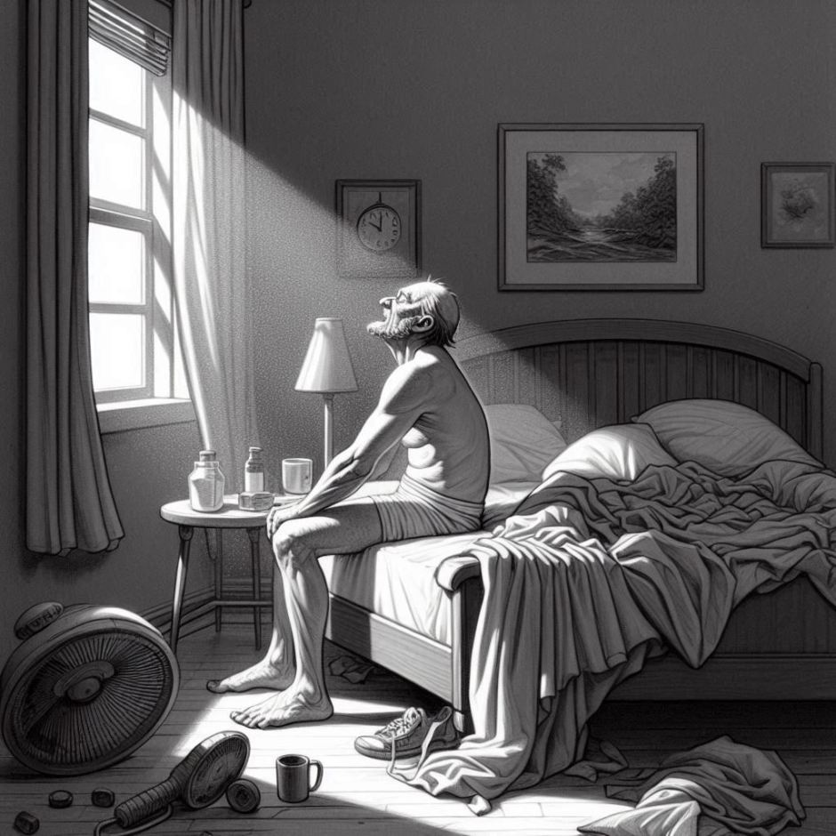 A drawing showing an irritated man sitting in bed just after waking up on a sunny morning