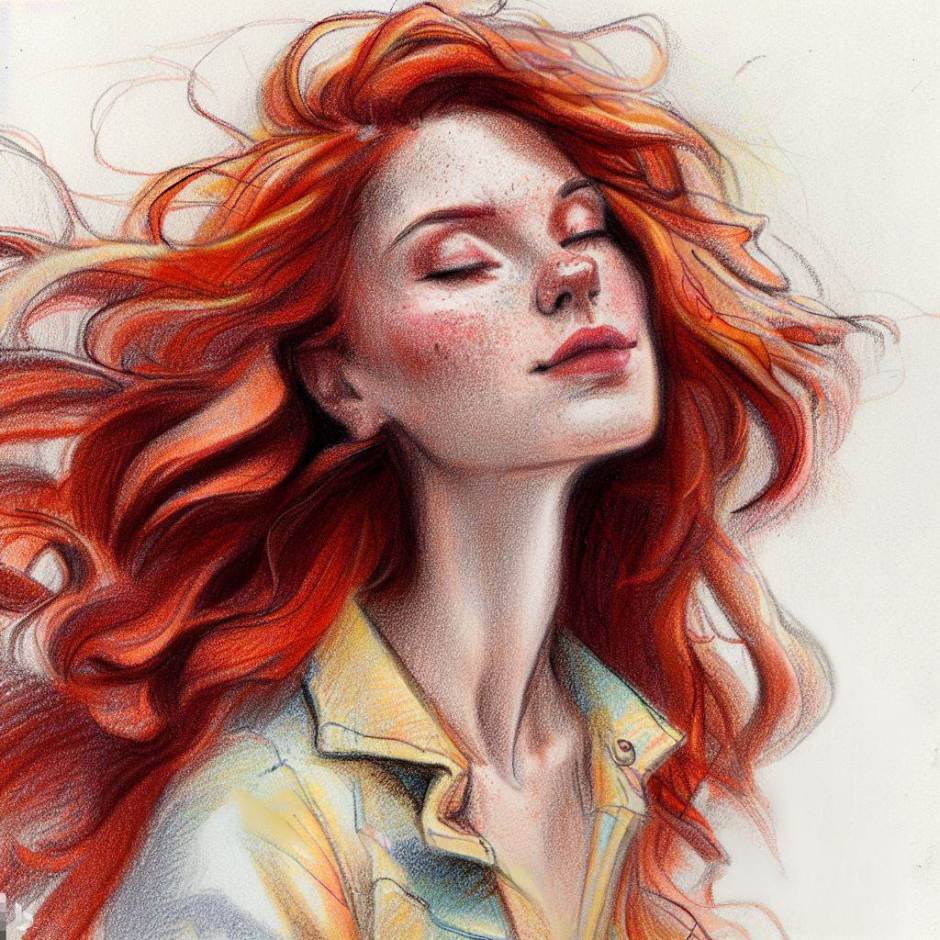 Crayon drawing showing a beautiful young red-haired woman with freckles