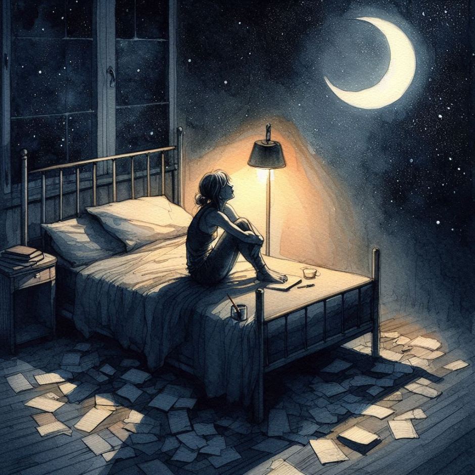 A watercolour painting showing a young woman sitting on her bed at night with a huge number of written notes scattered around the bedroom